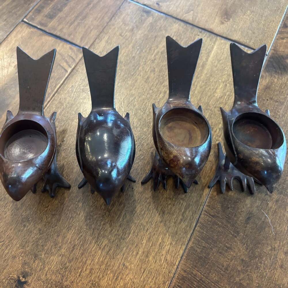 Vintage Handcrafted Metal Bird Tealight Candle Holders Set of 4 India Folk Art